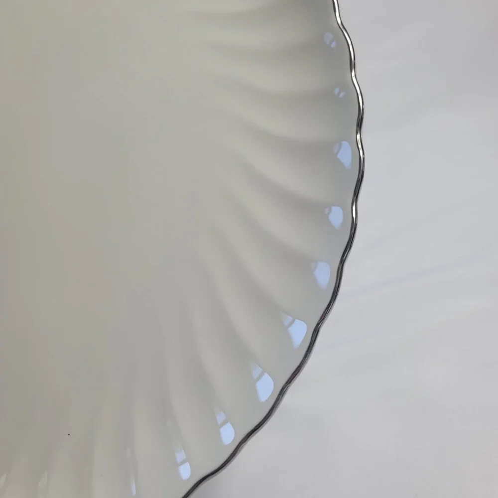 Syracuse China Wedding Ring Dinner Plate White with Platinum Trim Swirled Edge